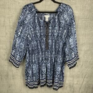 Catherines Top Womens 3X Blue 3/4 Length Sleeve Pleated Sequin Tunic Boho Career